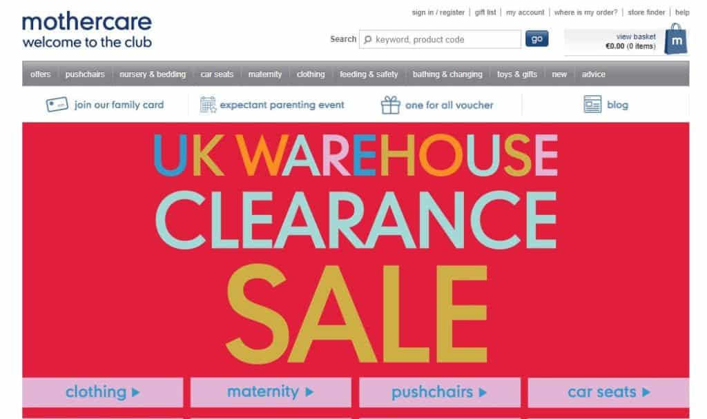 Mothercare's landing page, built with Magento