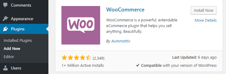 Installing the WooCommerce plugin.