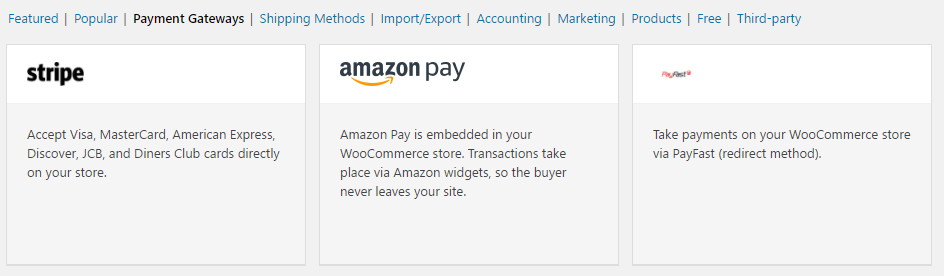 Some of the payment gateways available for WooCommerce.