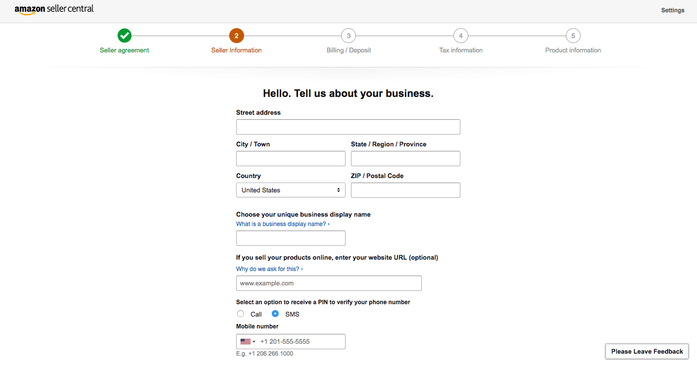 Preview of form businesses must fill out when signing up for Amazon Marketplace.