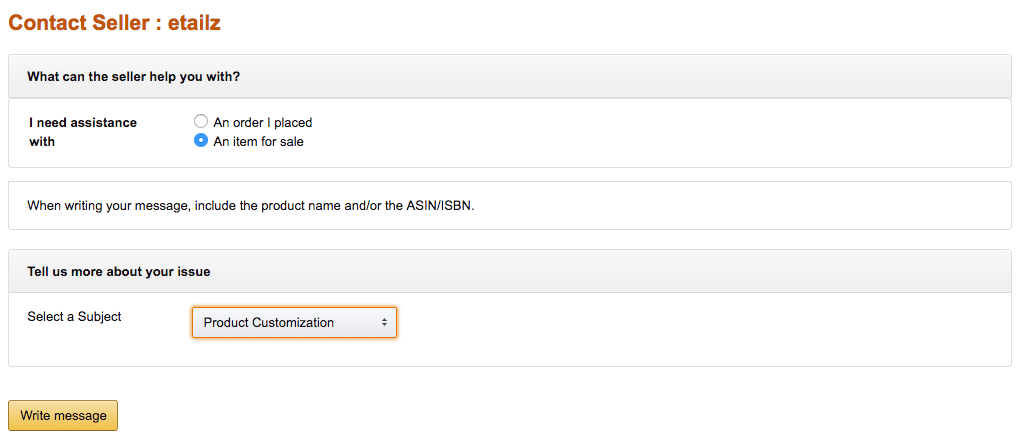 Example of form Amazon customers will use to send an inquiry about a order or item.