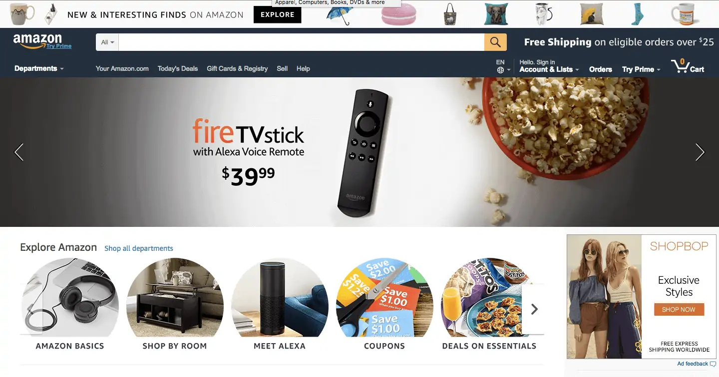 The Amazon home page.