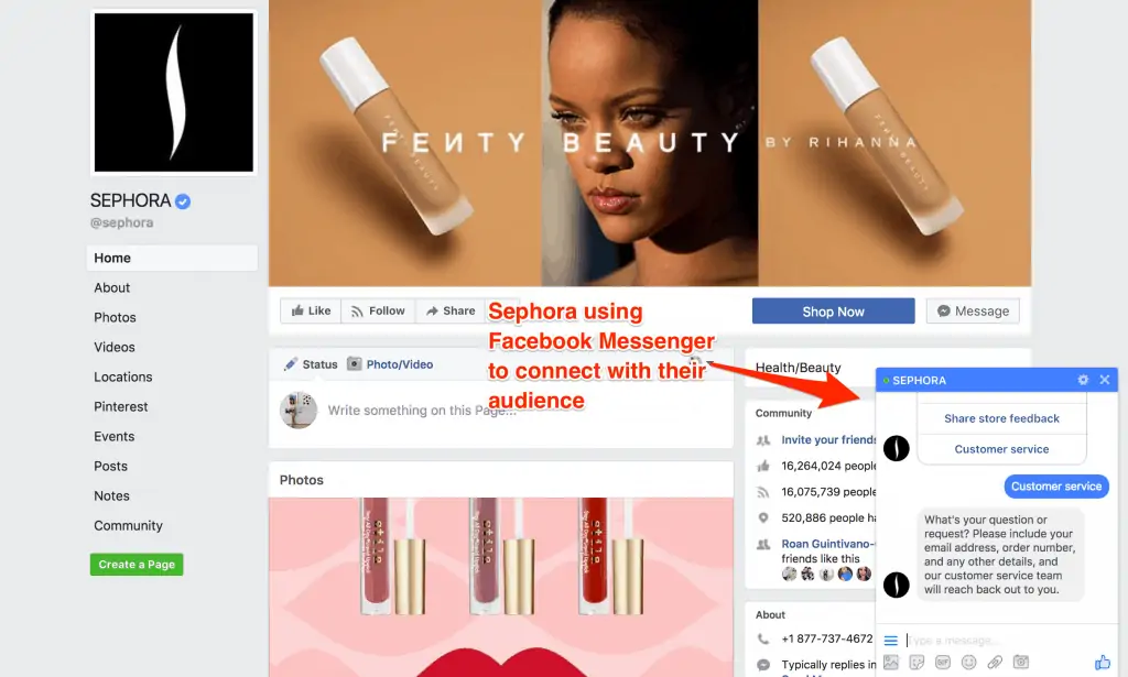 SEPHORA's Facebook page and chatbot