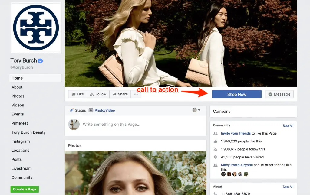 Tory Burch's Facebook Page & CTA button