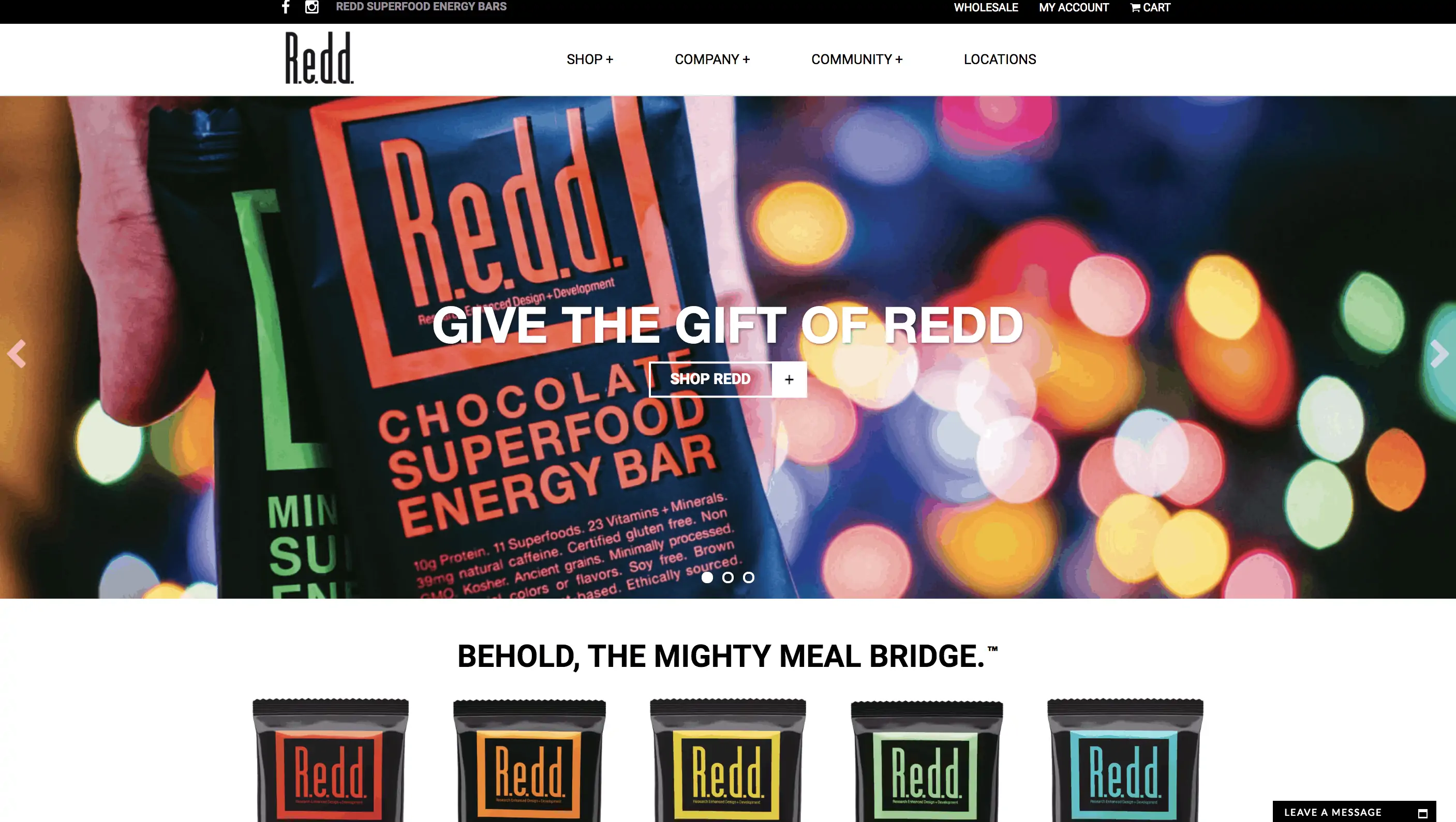 Screenshot of homepage for Redd Superfood Energy Bars.