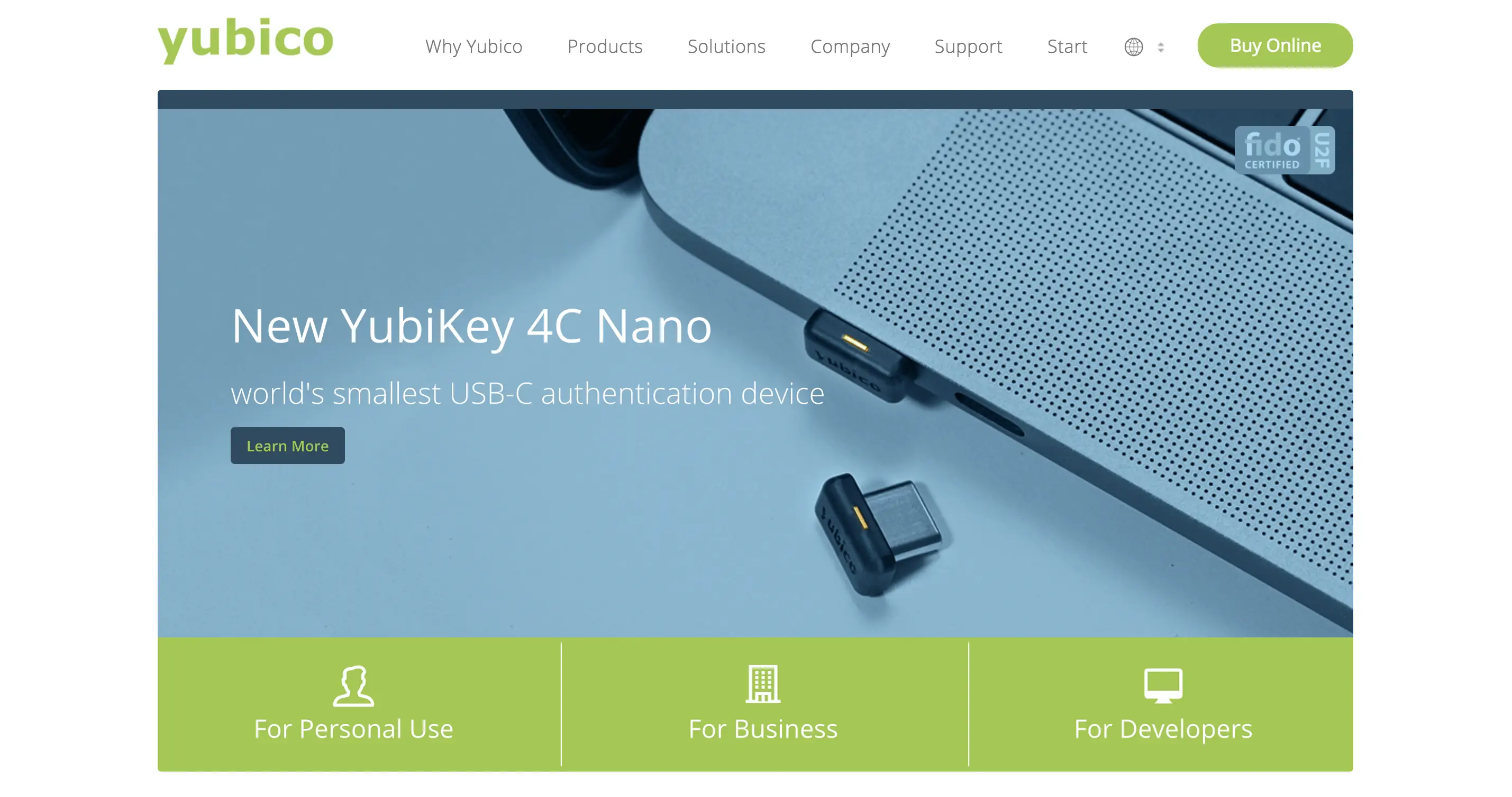 Screenshot of Yubico homepage.