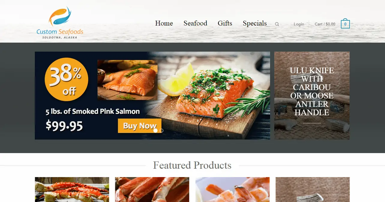 Captura de pantalla de la página de inicio de Custom Seafood Processors.