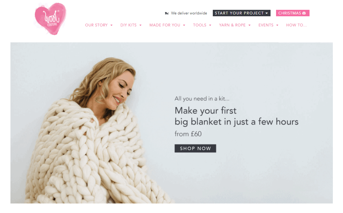 Captura de pantalla de la página de inicio de Wool Couture.