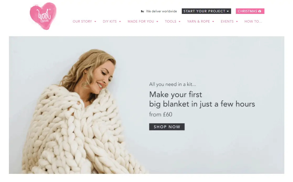 Captura de pantalla de la página de inicio de Wool Couture.