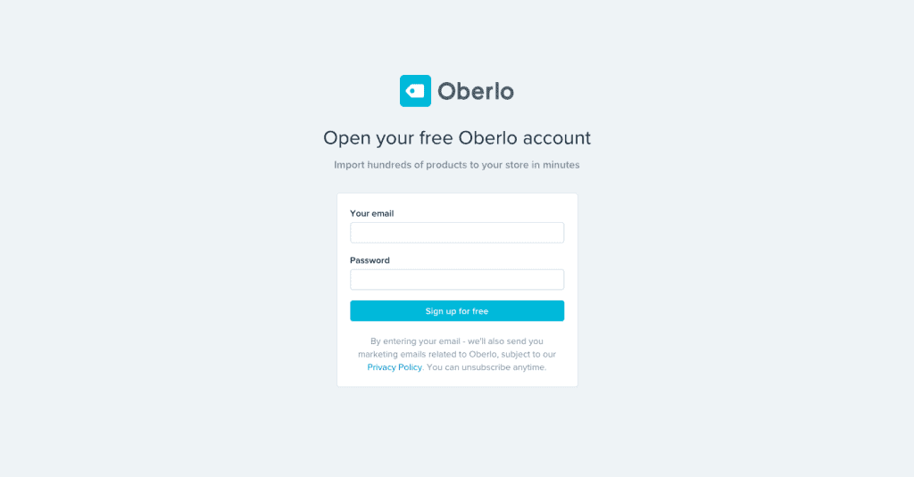 Página de destino de Oberlo para crear una nueva cuenta