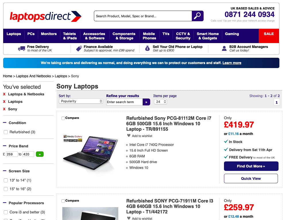 laptops direct product listings page
